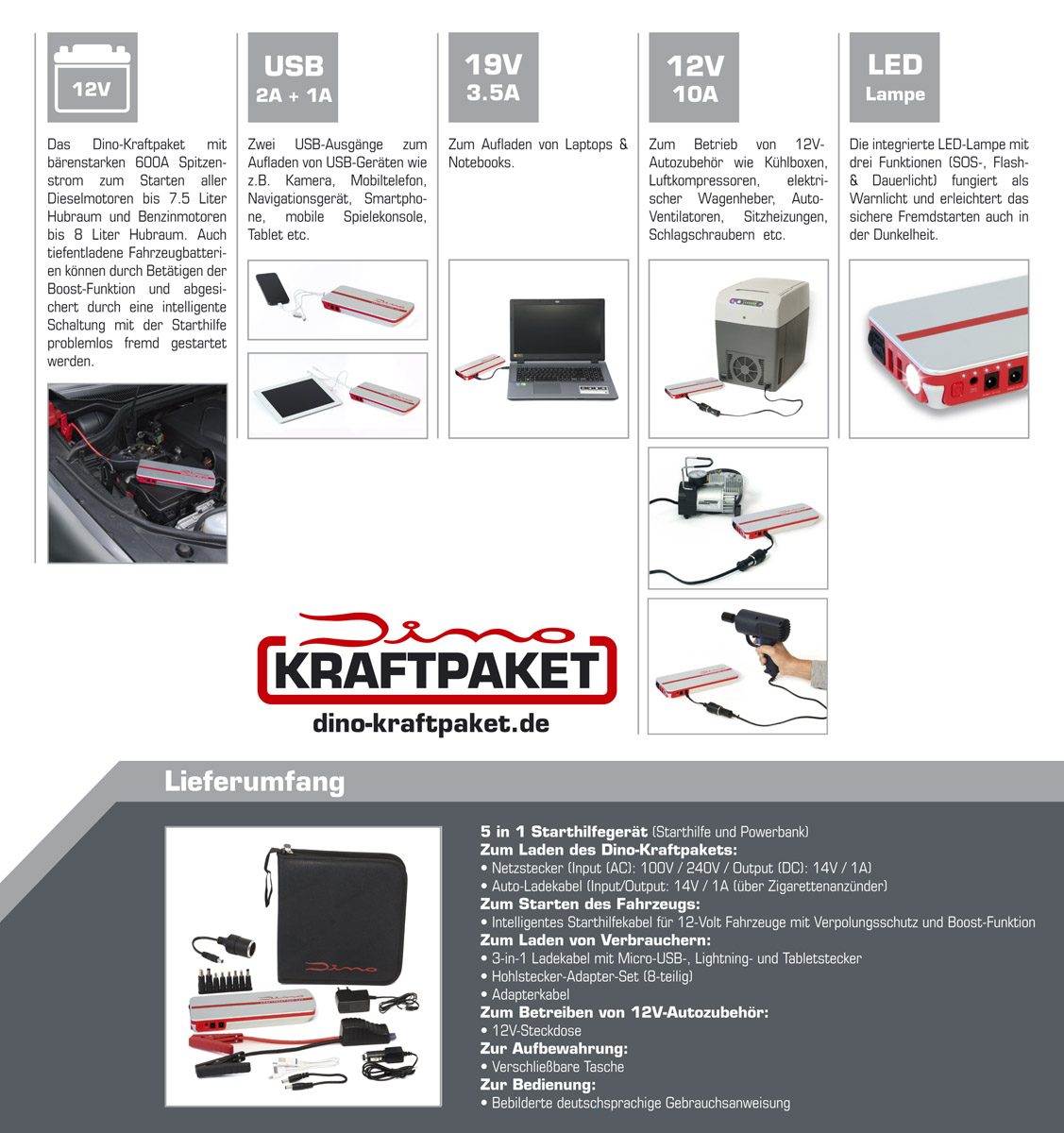 Dino KRAFTPAKET 600A 12V Mobile Starthilfe Gerät Batterie Powerbank 136102